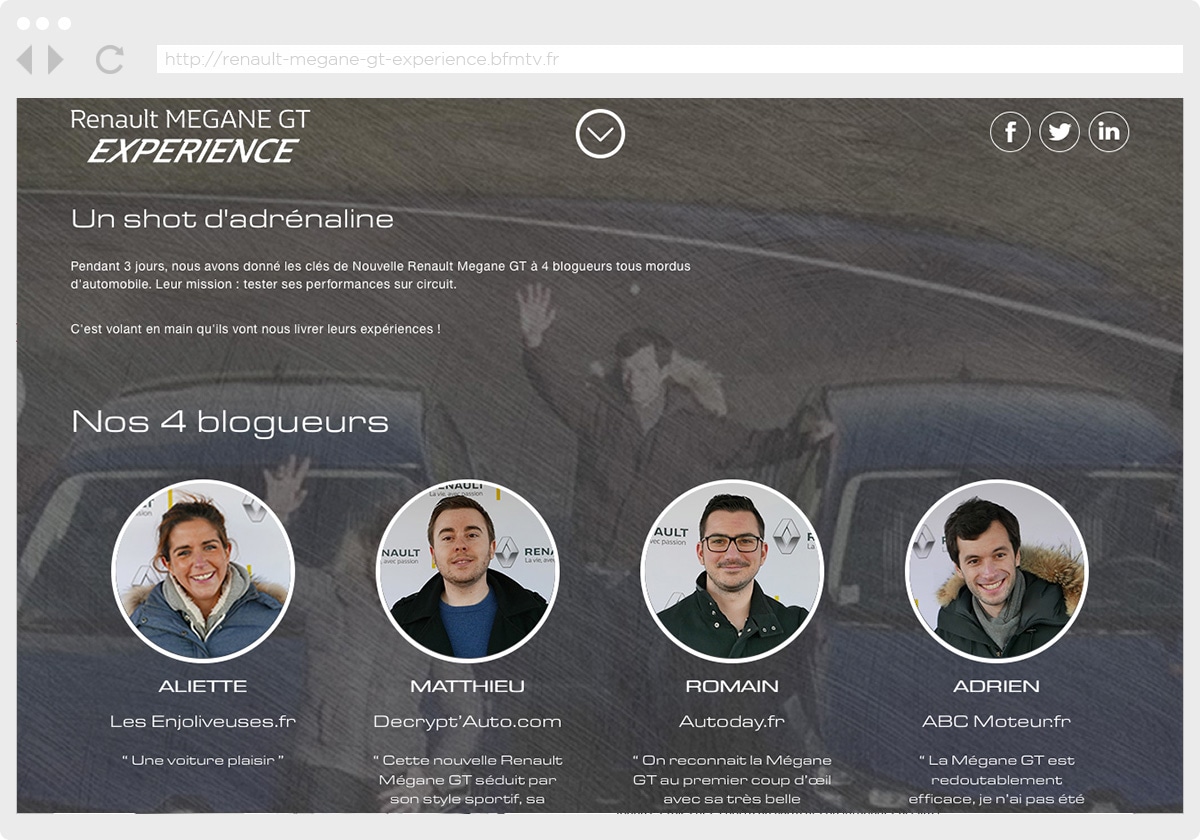 Ecran 2 du site Renault Megane GT Experience